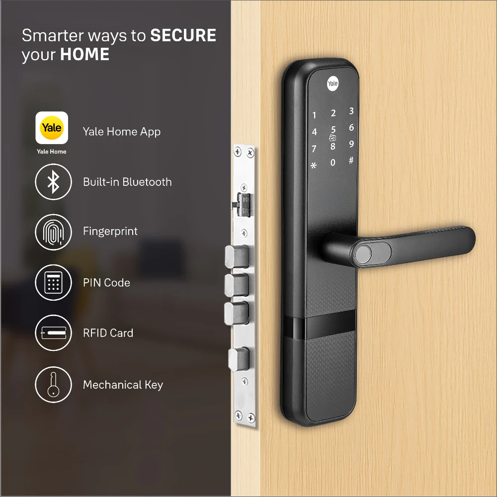 Yale Zuri Smart Lock (Black) with 5 way unlocking (Fingerprint, PIN, RFID, Manual Key) and Built-in Bluetooth (To Access through Home App)